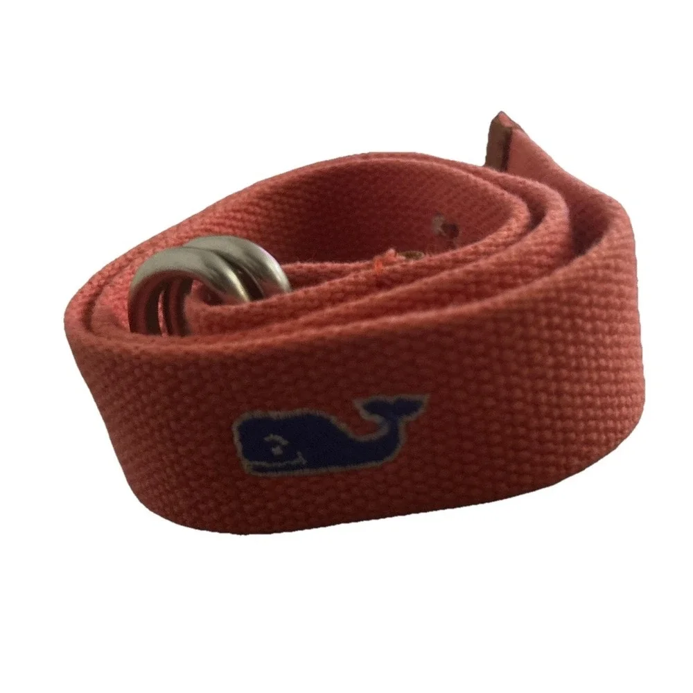 Vineyard Vines Kids Small Canvas D-Ring Belt Pink Coral Blue Whale Logo
